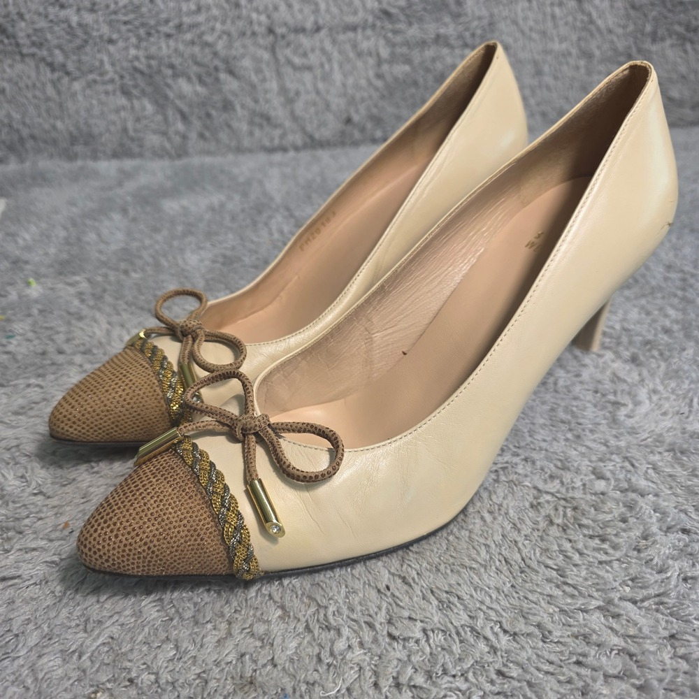 Stuart Weitzman Pumps Cap Toe‎ Leather Ivory Brown Pointed Toe Heels Womens 8.5